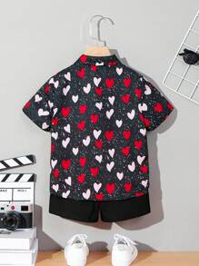 SHEIN Young Boy's Cute And Loose Heart Pattern Printed Shirt And Solid Color Shorts Set - Black - View 2