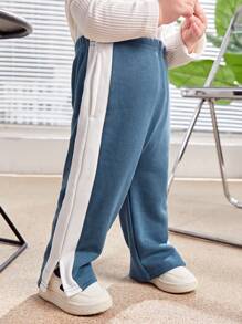 SHEIN Baby Boys' Side Seam Contrast Splice Wide-Leg Pants With Side Slit - Blue - View 5