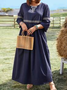 SHEIN LUNE 加大尺碼女士拼接編織帶休閒長款嬰娃裝連身裙 - 藍色 - 查看 3