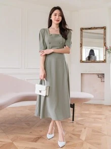 DAZY Square Neckline Puff Sleeves Cinching Waist Dress Sundress