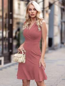 MIUSOL Surplice Neck Ruffle Hem Business Dress - Dusty Pink - View 7