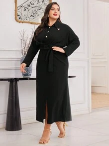 Modelyn Plus Size Women's Waist-Cinched Shirt Dress Long Evening Dresses - Black - View 5