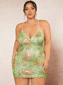 SHEIN BAE Plus Size Women's Floral Print Strappy Back Glitter Detail Cami Dress - Multicolor - View 1