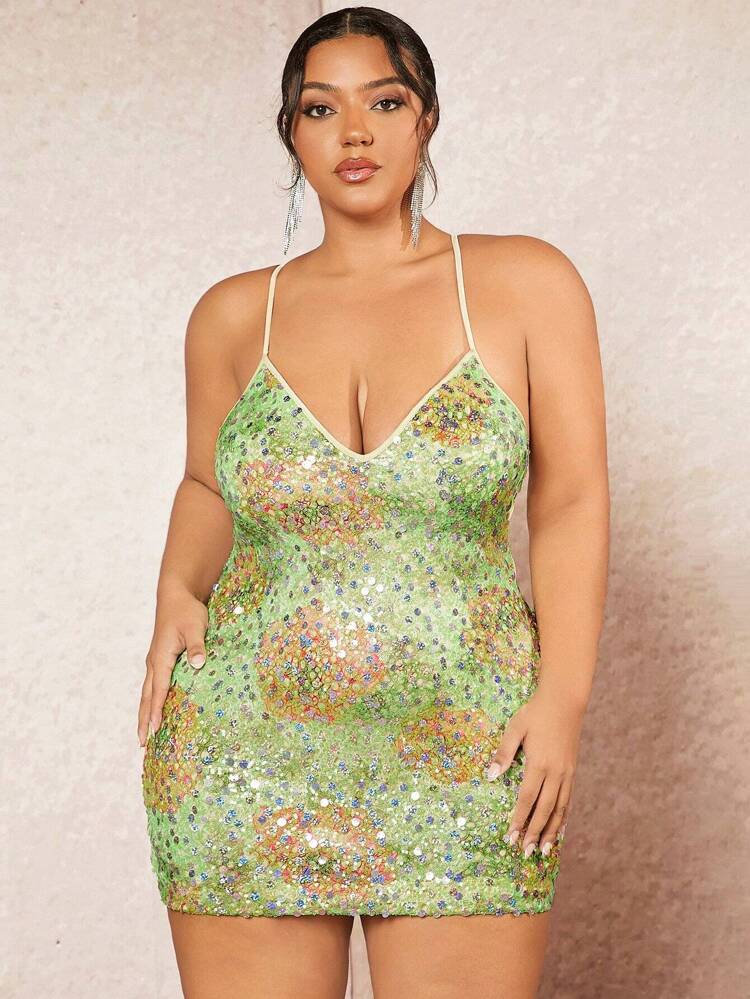 Plus Size Women's Floral Print Strappy Back Glitter Detail Cami Dress