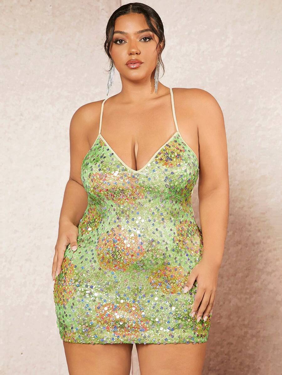 SHEIN BAE Plus Size Women's Floral Print Strappy Back Glitter Detail Cami Dress - Multicolor - View 1