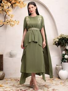 Modelyn Áo choàng tay đính hoa và váy cho nữ Bộ 2 món Bộ 2 món - màu xanh lá - Xem 4