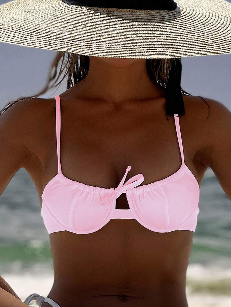 SHEIN Swim 夏季海滩纯色镂空泳装比基尼上衣带细肩带钢圈装饰沙滩上衣 - 淺粉色 - 查看 1