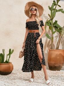 Breezaya Damski Bez ramion Krótki Rękaw Wzór w kwiaty Marszczona sukienka - Wielokolorowe - Zobacz 5