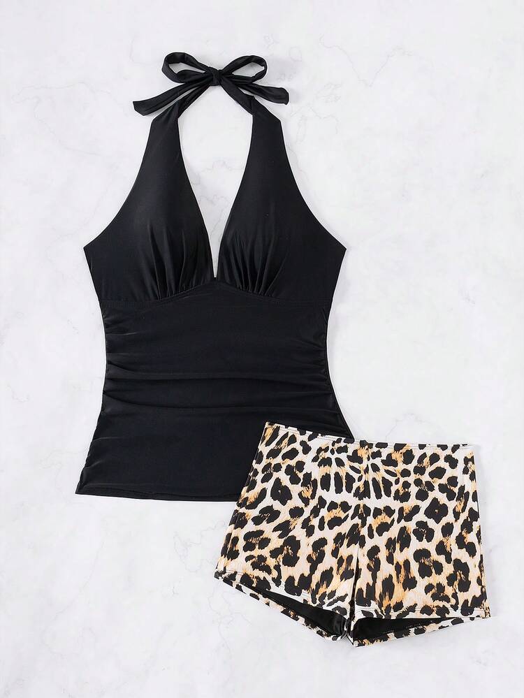 Summer Women's Deep V Ruched Leopard Print Split Two-Piece Tankini