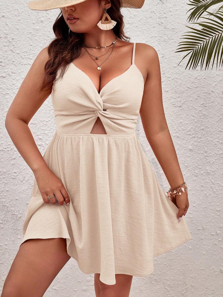 SHEIN VCAY Abito-camicia Taglie Forti Con Nodo A Spirale Su Colore Unito & Dettaglio In Pizzo A Incrocio & Schiena Scoperta & Ampio Spacco - Albicocca - Visualizzare 1