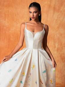 Của phụ nữ In Dài Cao-kết thúc Và Thanh lịch Phong cách Dây đeo Đầm dạ hội - Rượu sâm banh - Xem 5