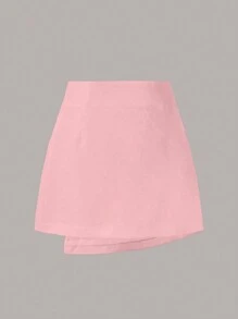 SHEIN EZwear 單色不對稱下擺裙 - 粉色 - 查看 2