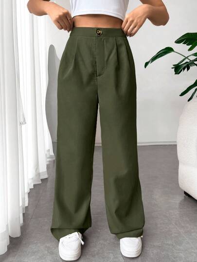 SHEIN EZwear 純色摺褶直筒褲