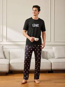 Set de pijamale cu imprimeu inimă pentru bărbați