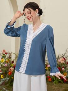 Mulvari Solid Color Lace Splicing Lantern Sleeve Shirt