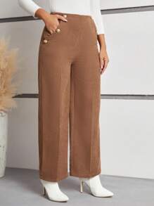 SHEIN Frenchy Quý cô Nút Đồ trang trí Quần ống rộng - màu nâu - Xem 3