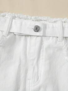SHEIN Explorewe Tween Girl Retro Street Style Denim Skirt With Frayed Hem, Waist Belt, Loose & Comfortable Fit, School, Campus, College - White - View 4