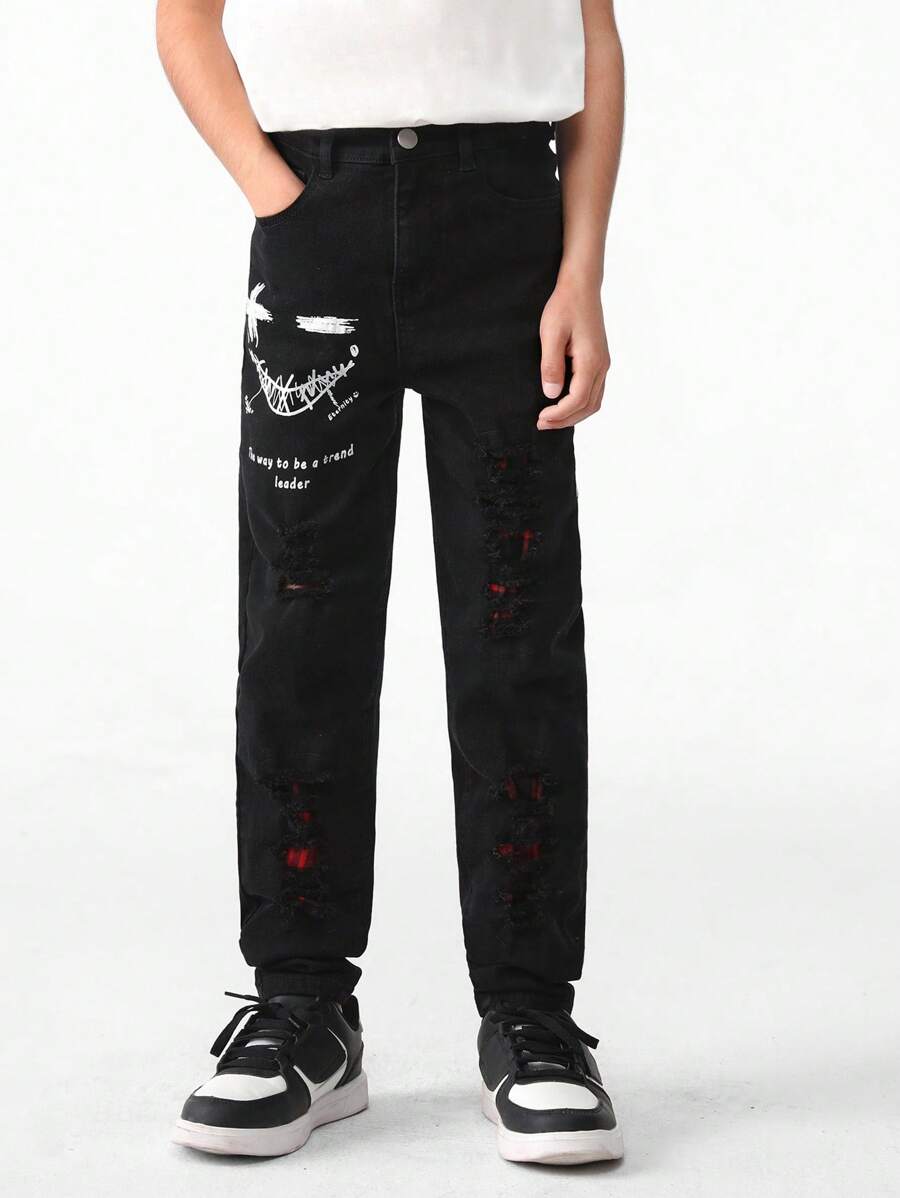 Tween Boy Black Distressed Cutout Pants - Black - View 1
