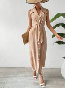 SHEIN Clasi 女士無袖連衣裙,有西裝領和腰帶 - 卡其色 - 查看 3