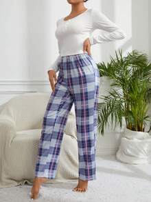 女士純色圓領長袖格紋褲睡衣套裝