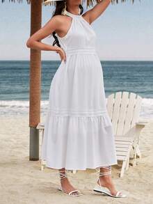 SHEIN Robe De Maternité Dos Nu En Dentelle De Couleur Unie En Patchwork - Blanc - Voir 3