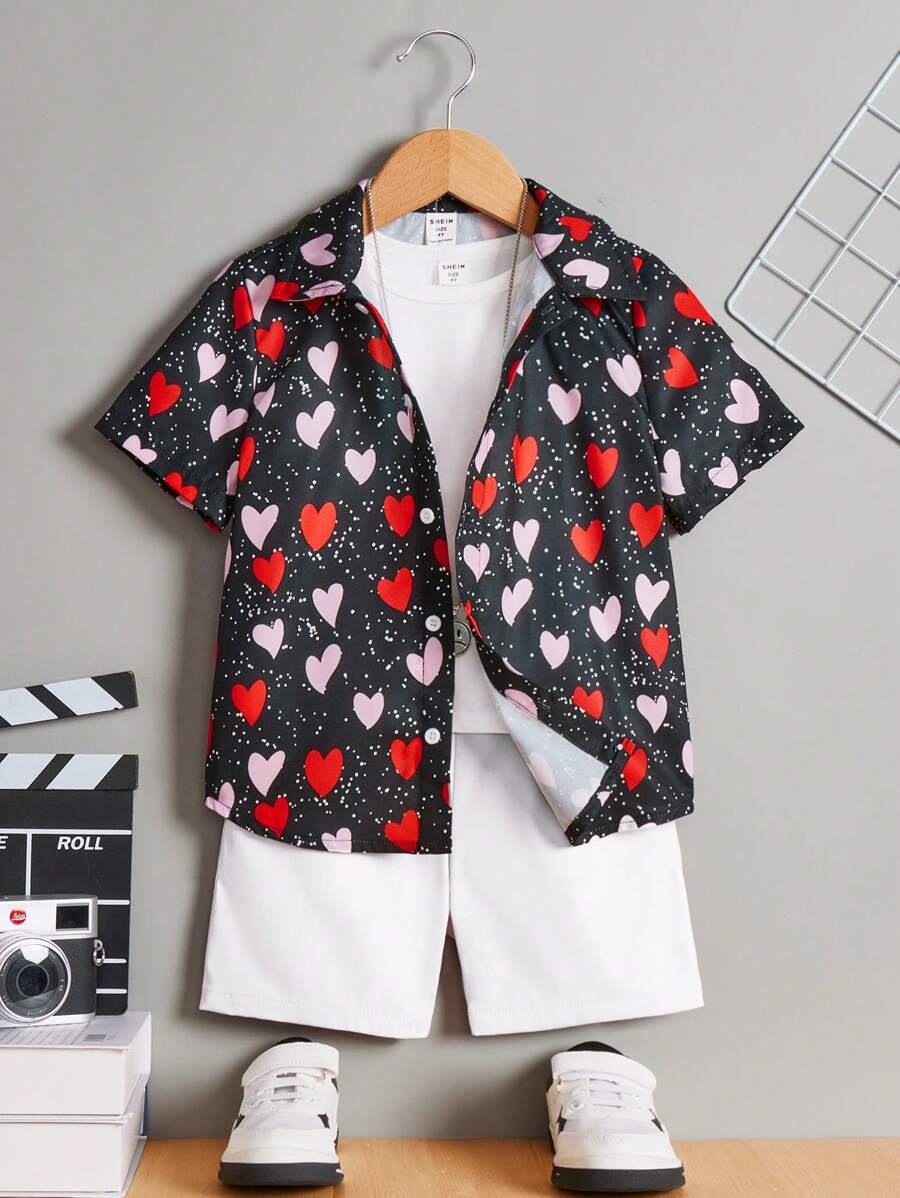 SHEIN Young Boys' Cute Loose-Fit Heart Print Shirt And Solid Color Shorts Set - White - View 1