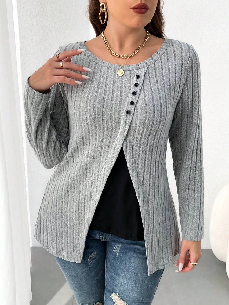 Plus Size Black Gray Patchwork Long Sleeve T-Shirt With Ribbed Hem