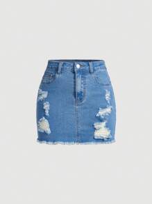 SHEIN Girlism Tween Girl Distressed Denim Skirt