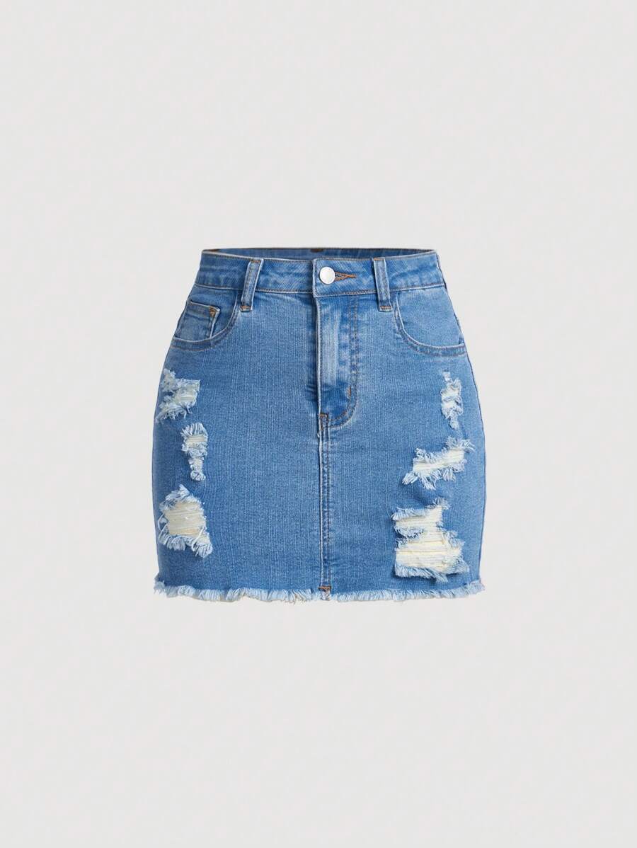 SHEIN Girlism Tween Girl Distressed Denim Skirt
