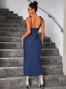 SHEIN ICON Của phụ nữ Đúng mốt Denim Hai Dây Khe Đầm - Màu xanh lam - Xem 4