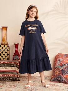 SHEIN Cô gái Tween Lỏng lẻo phù hợp Ngắn tay Vòng cổ Đầm Midi Với In thư - Màu xanh hải quân - Xem 1