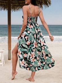 SHEIN 孕妇热带印花前开叉细肩带连衣裙 - 彩色 - 查看 2