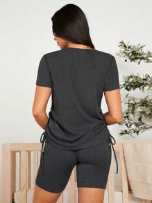SHEIN Pregnant Women's Solid Color Side Drawstring Top And Shorts Set For Maternity - Grey - View 2