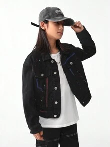 Tween Boy Street Cool Ink Splash & Polka Dots Pattern Detailing Loose Denim Moto Jacket - Black - View 3