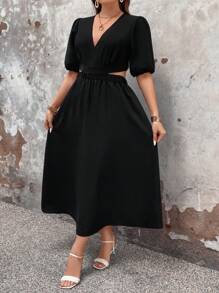 SHEIN LUNE Plus Size Puff Short Sleeve Hollow Out Waist Dress With V-Neckline