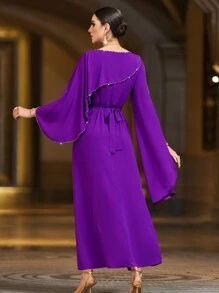 Al Najma Purple Heavyweight Split Sleeves Modest Arabian Dress Elegant Luxury Long Sleeve Kaftan - Red Violet - View 2