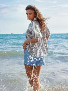 Anewsta Vacation Style Loose Short Sleeve Shirt With Beach Floral Print, Fringe & Wide Band, Women's - Green - View 2