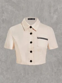 SHEIN EZwear 女款卡其色編織短袖襯衫 - 卡其色 - 查看 1