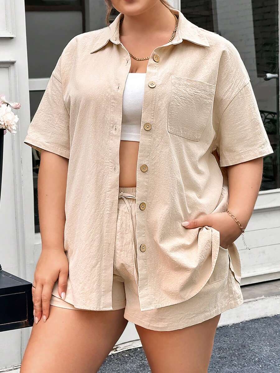 SHEIN Essnce 大码夏季两件套服装短款女士套装仿棉麻套装和亚麻短袖衬衫夏季套装女士亚麻衣服休闲女士连衣裙卡其短裤亚麻 - 卡其色 - 查看 1