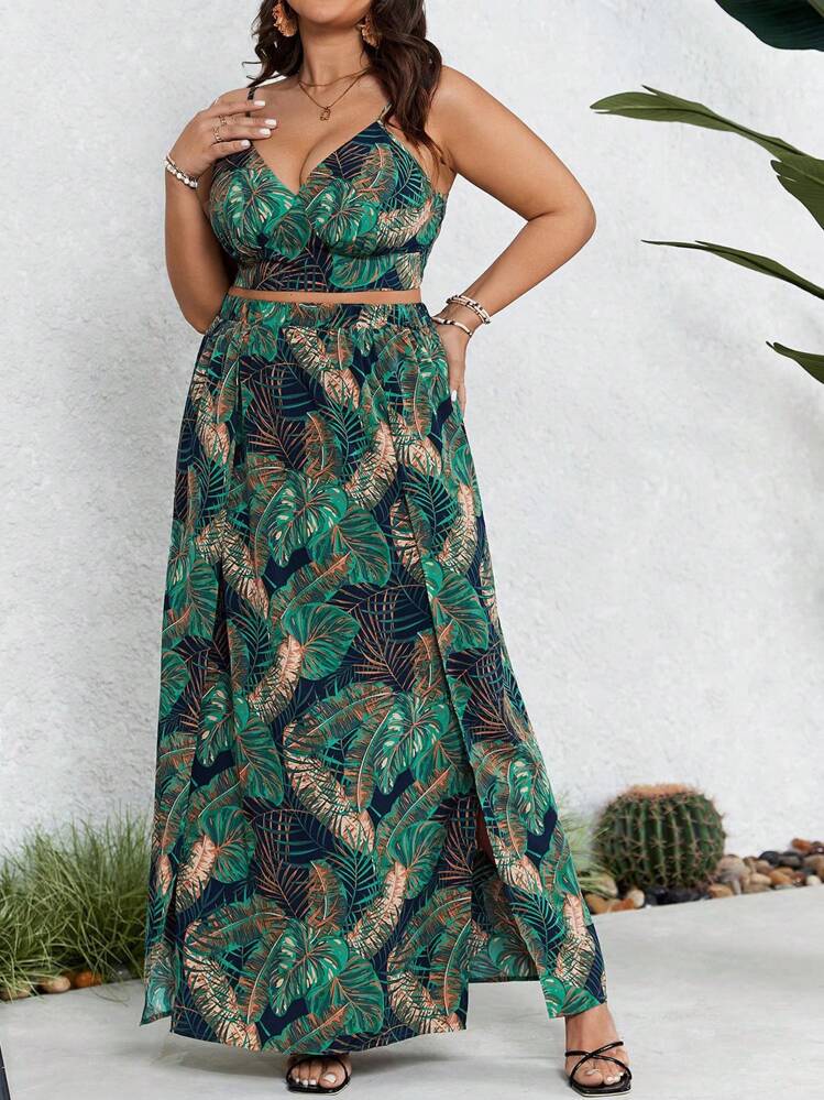 SHEIN VCAY Plus-Size Spring/Summer Vacation Two-Piece Set With Leaf Split And Backless - Multicolor - View 5