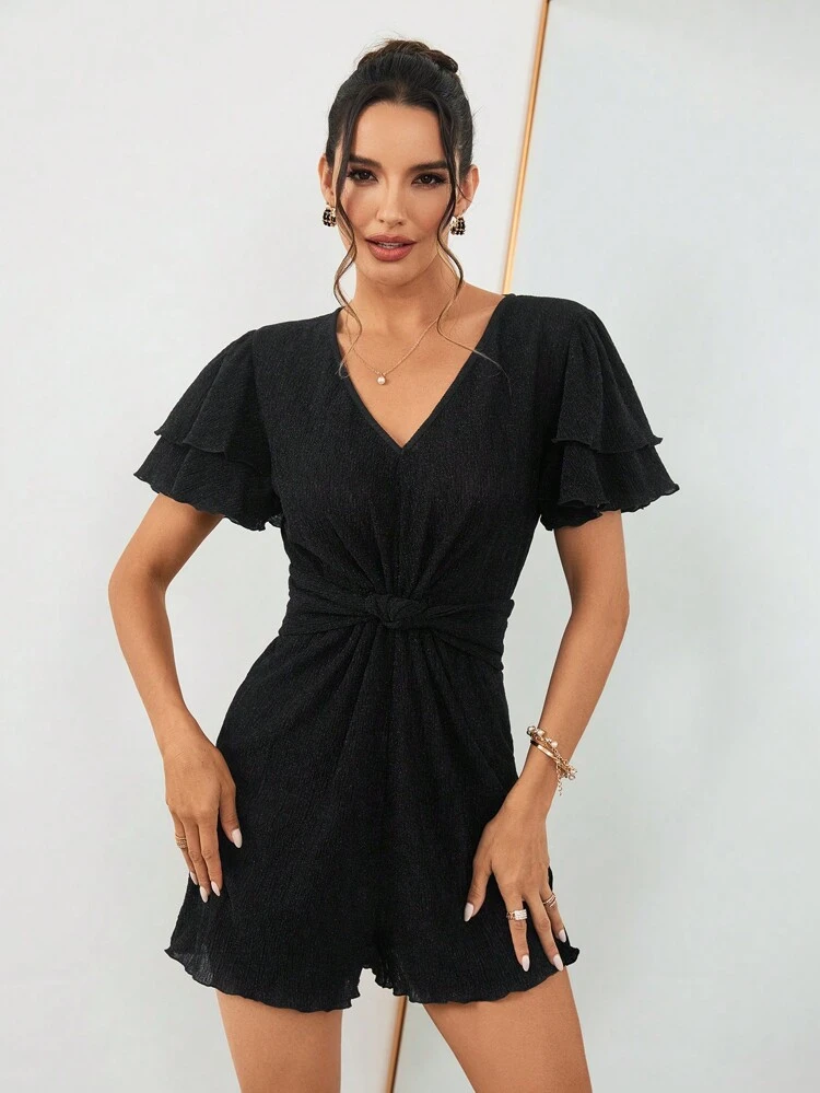 Women's V-Neck Waist Twist Ruffle Short Sleeve Jumpsuit