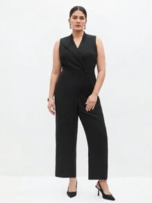 BizChic Kích thước lớn Vòng cổ Giải trí Không tay Áo liền quần Với Giò thẳng Quần - màu đen - Xem 3