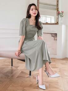 DAZY Square Neckline Puff Sleeves Cinching Waist Dress Sundress
