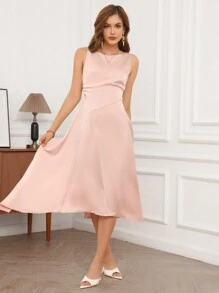 GENKIRA Vestido Sem Mangas De Gola Redonda De Cor Sólida - Rosa Empoeirado - Ver 5