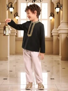 男童舒適拼布編織腰帶長袖休閒襯衫 - 黑色 - 查看 4