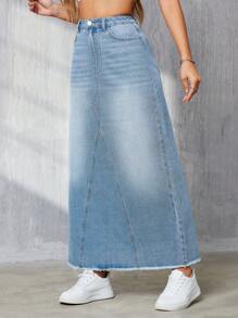 SHEIN Tall Blue Frayed Hem Long Denim Skirt - Light Wash - View 5