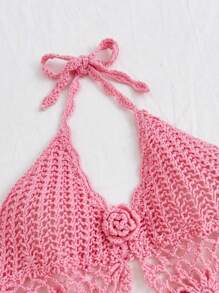 Soleia Áo hở vai đan móc họa tiết hoa 3D cho kỳ nghỉ của phụ nữ, màu trơn - Hồng - Xem 4