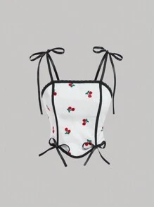 SHEIN MOD Của phụ nữ Quả cherry Thêu Khối màu Hai Dây Áo ba lỗ - trắng - Xem 1