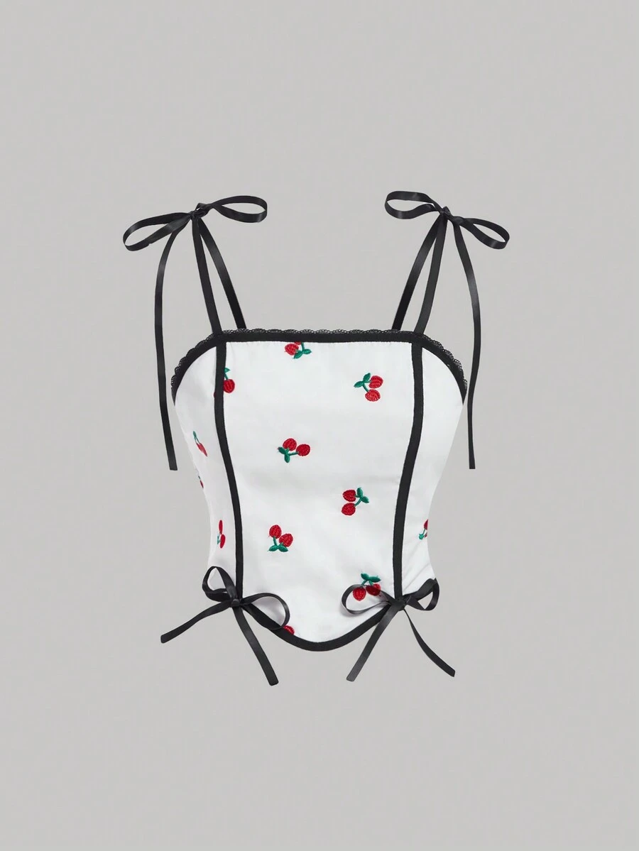 SHEIN MOD Của phụ nữ Quả cherry Thêu Khối màu Hai Dây Áo ba lỗ - trắng - Xem 1