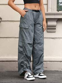 SHEIN EZwear Women's Gray Woven Cargo Pants With Pockets - Grey - View 5